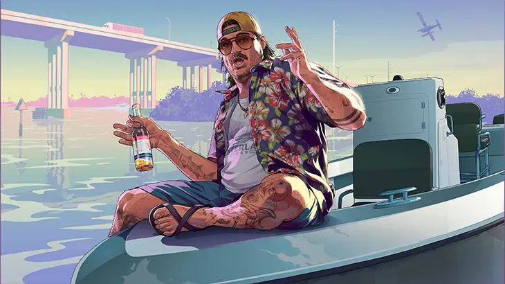 Cal Hampton postać z GTA VI, mężczyzna w koszuli, trzymający butelkę w dłoni i siedzący na motorówce, w tle samolot oraz most.
