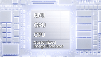 Grafika układu scalonego na jasnym tle; w centrum blok z napisami: NPU, GPU, CPU oraz Customized Image Enhancer.