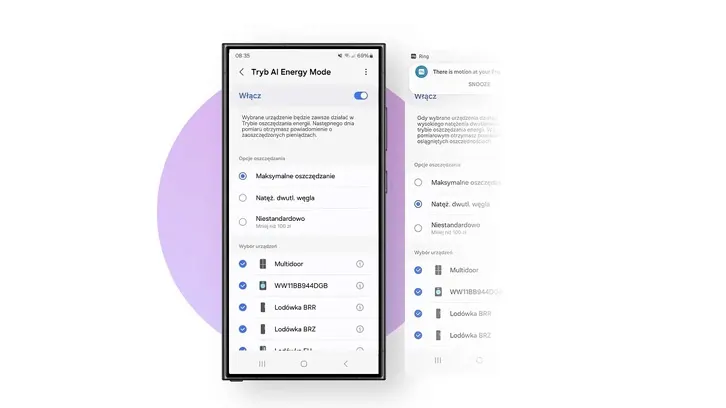 Ekran smartfona prezentuje tryb oszczędzania energii z opcjami wyboru, ustawieniami i listą aplikacji. Fioletowe tło.
