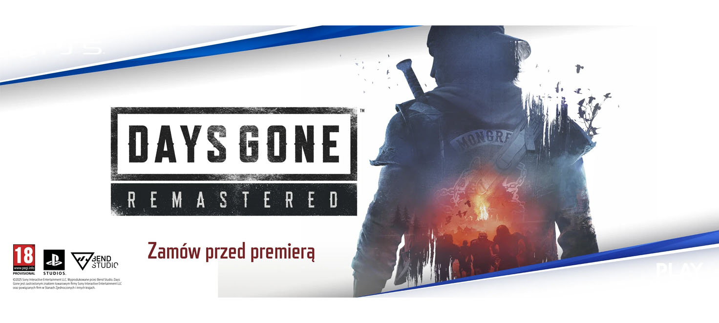 Plakat gry Days Gone Remastered. Postać w kapeluszu, z plecakiem i bronią na tle hordy zombie i eksplozji.