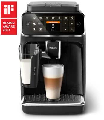 Czarny ekspres do kawy Philips z dotykowym panelem sterowania. Obok szklanka z mlekiem i szklanka z kawą latte. Czerwone logo nagrody projektowej.