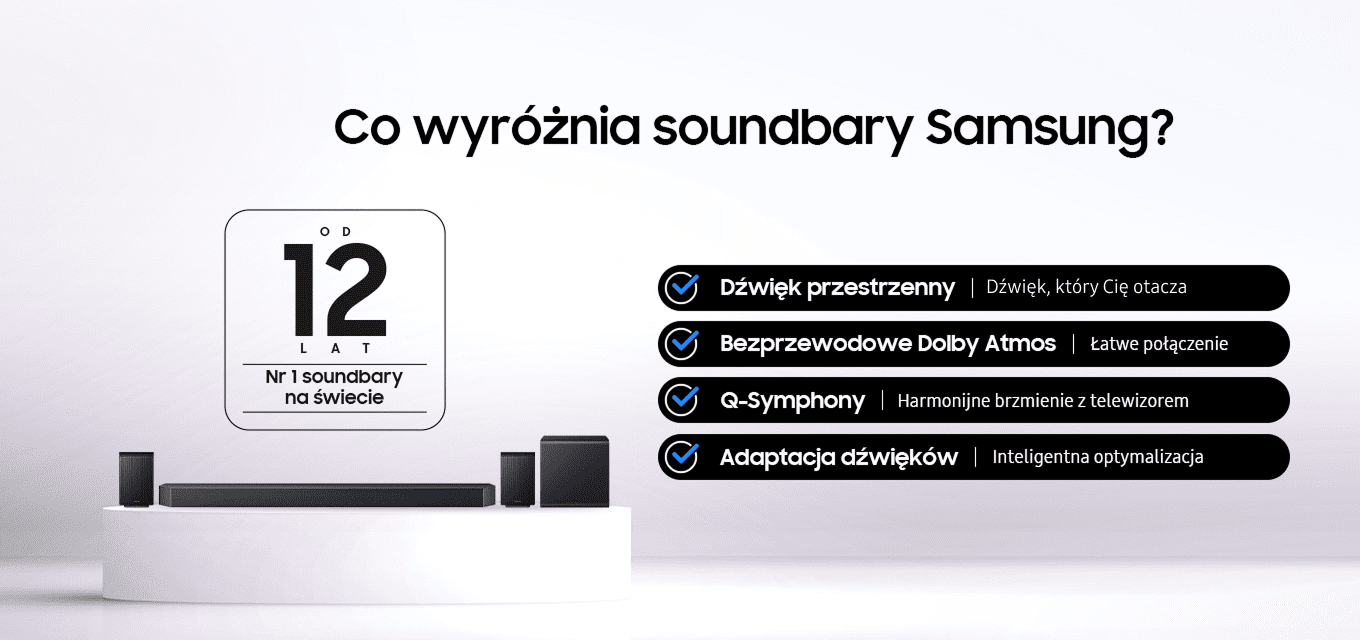 Grafika ‘Co wyróżnia soundbary Samsung?’; po lewej odznaka: ‘Od 12 lat – Nr 1 soundbary na świecie’; na dole soundbar, subwoofer i tylne głośniki na białym podeście; po prawej zalety: Dźwięk przestrzenny (dźwięk, który Cię otacza), Bezprzewodowe Dolby Atmos (łatwe połączenie), Q‑Symphony (harmonijne brzmienie z telewizorem), Adaptacja dźwięków (inteligentna optymalizacja).