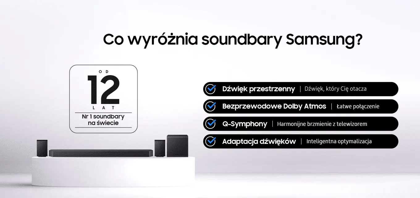 Grafika ‘Co wyróżnia soundbary Samsung?’; po lewej odznaka: ‘Od 12 lat – Nr 1 soundbary na świecie’; na dole soundbar, subwoofer i tylne głośniki na białym podeście; po prawej zalety: Dźwięk przestrzenny (dźwięk, który Cię otacza), Bezprzewodowe Dolby Atmos (łatwe połączenie), Q‑Symphony (harmonijne brzmienie z telewizorem), Adaptacja dźwięków (inteligentna optymalizacja).