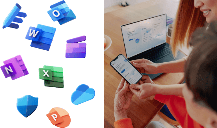 Na białym tle symbole aplikacji Microsoft, obok laptop, telefon i dwie osoby.