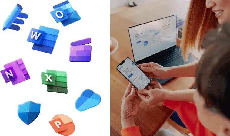 Na białym tle symbole aplikacji Microsoft, obok laptop, telefon i dwie osoby.