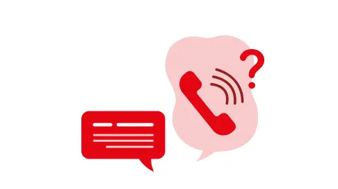 Czerwona ikona wiadomości tekstowej obok ikony słuchawki w dymku z znakiem zapytania.