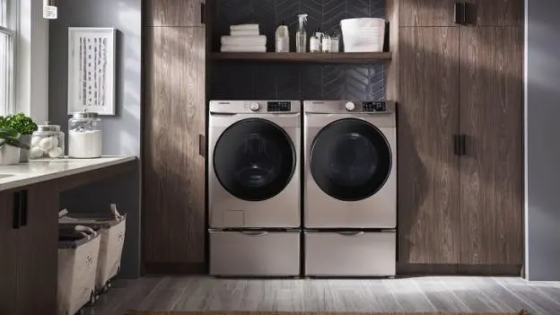 Pralka i suszarka stoją obok siebie w pralni, nad nimi półka z detergentami i ręcznikami.