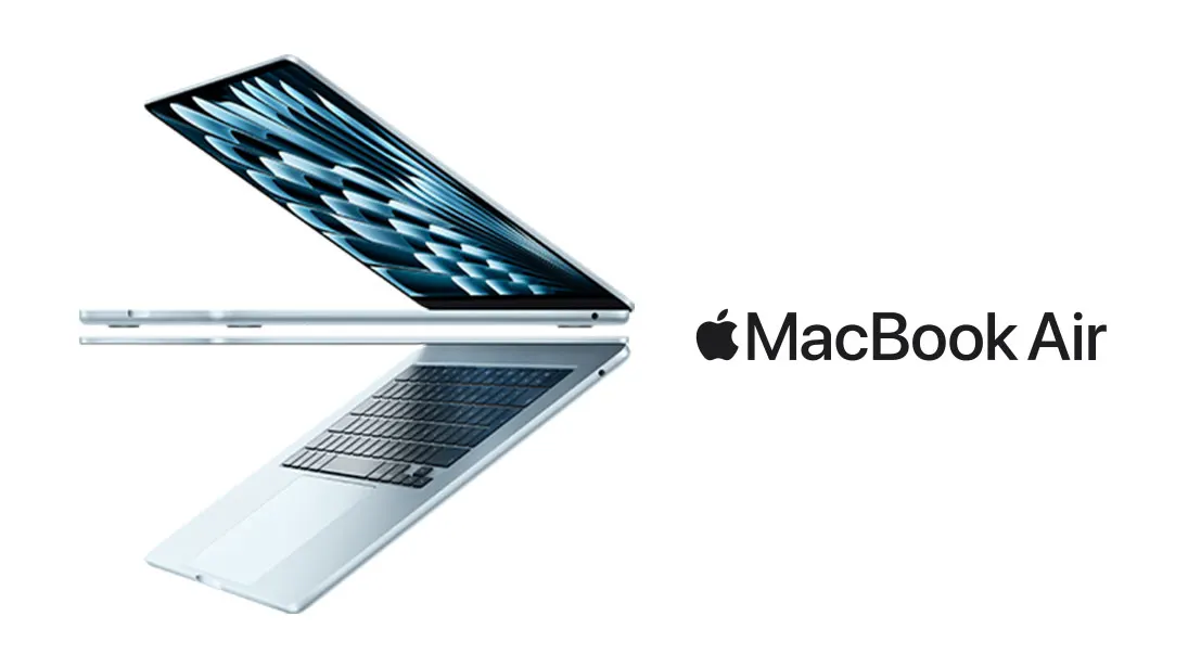 Laptop MacBook Air na białym tle. Ekran laptopa jest otwarty, ukazując abstrakcyjną grafikę. Obok widnieje czarne logo Apple i napis "MacBook Air".