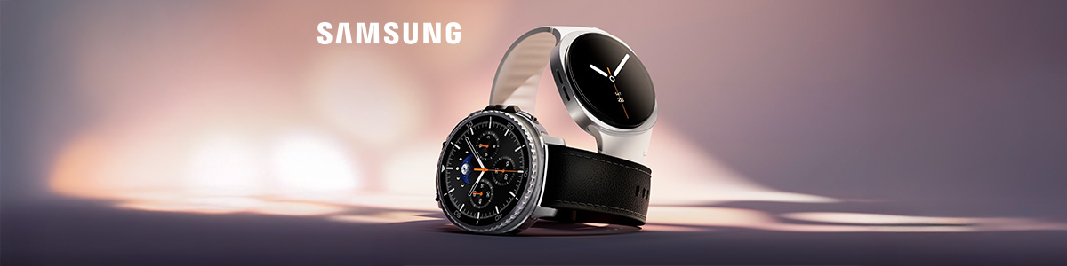 Dwa zegarki z premierowej serii Samsung Galaxy Watch8 w artystycznej kompozycji.