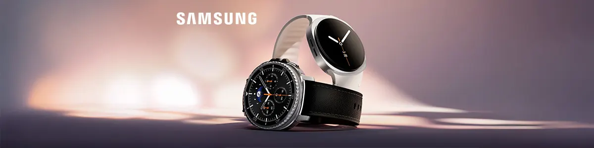 Dwa zegarki z premierowej serii Samsung Galaxy Watch8 w artystycznej kompozycji.