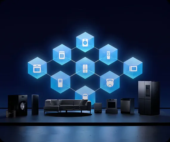 Ciemna scena z kanapą i różnymi urządzeniami AGD (m.in. pralka i lodówka); nad nimi świecące niebieskie heksagony z ikonami sprzętów połączonymi w sieć — wizualizacja ekosystemu smart home.