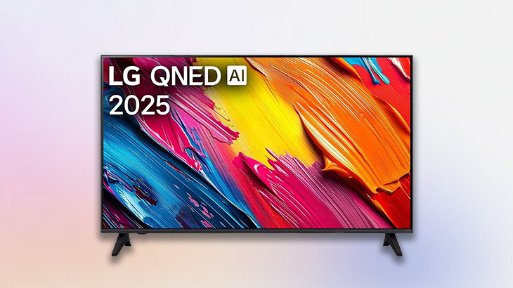 Telewizor LG na różowo fioletowym tle.