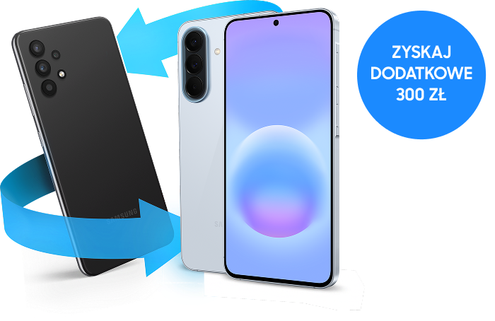 Dwa smartfony Galaxy z premierowej serii A (jeden tyłem, drugi przodem) i niebieskie strzałki; napis: ZYSKAJ DODATKOWE 300 zł.