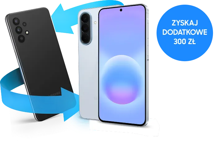 Dwa smartfony Galaxy z premierowej serii A (jeden tyłem, drugi przodem) i niebieskie strzałki; napis: ZYSKAJ DODATKOWE 300 zł.
