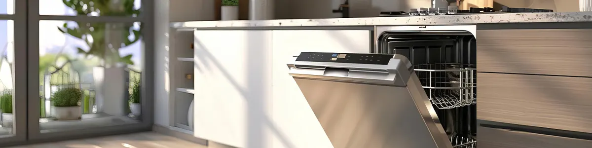 Dłoń otwiera szare drzwiczki z czarnym panelem sterowania. W tle widoczny czarny sprzęt kuchenny.