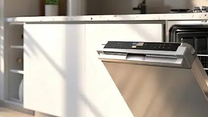 Dłoń otwiera szare drzwiczki z czarnym panelem sterowania. W tle widoczny czarny sprzęt kuchenny.