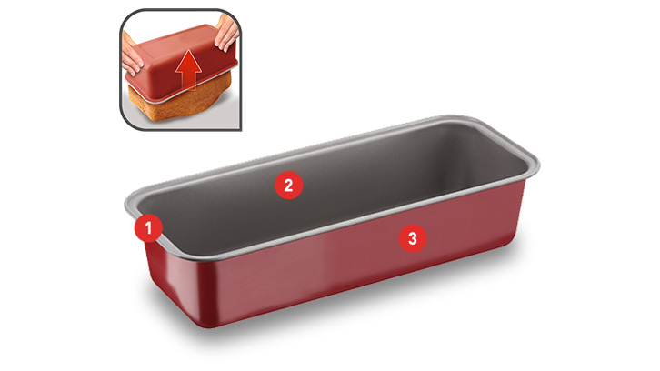 Czerwona forma do pieczenia chleba, wnętrze szare. W tle grafika z wyjmowaniem upieczonego chleba z formy.