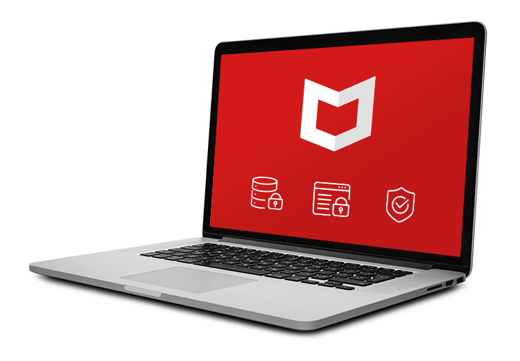 Laptop z czerwonym ekranem z ikonami tarczy, bazy danych i strony internetowej, wszystkie zabezpieczone kłódkami.