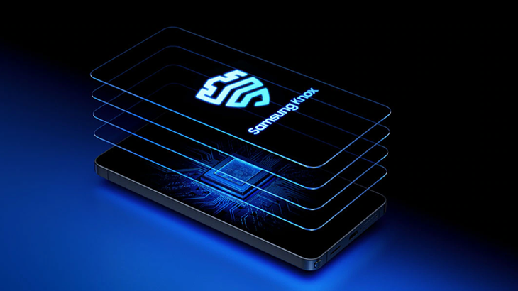 Telefon leżący, a nad nim pokazana animacja 4 szybek na telefon, na niebieskim tle.