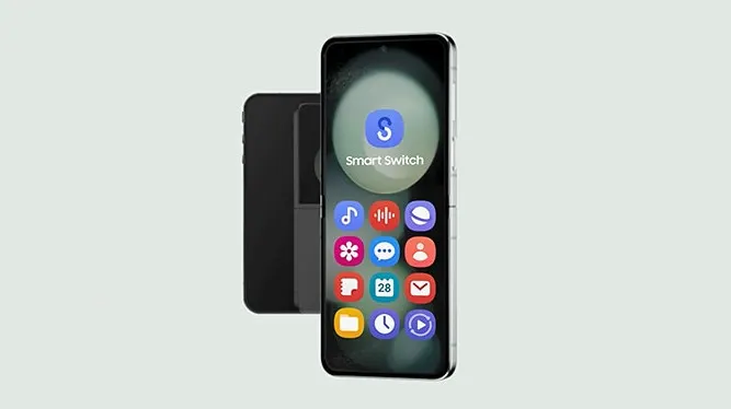 Na jasnym tle widoczny jest czarny futerał i smartfon z aplikacją Smart Switch i ikonami aplikacji.