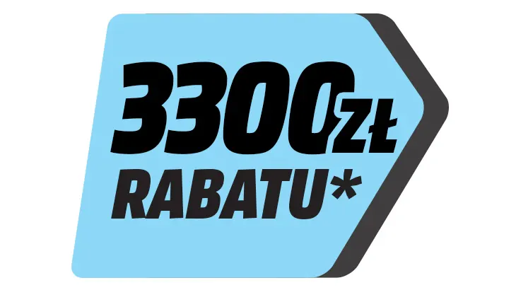 Niebieska ikona z czerwoną obwódką. Czarny napis "3300zł RABATU*".