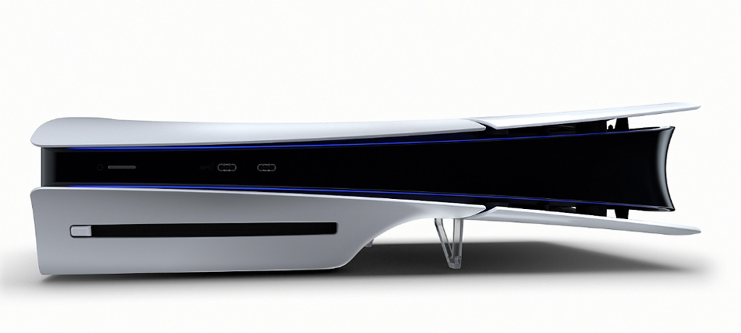 Biało-czarna konsola PlayStation 5 na białym tle. Widoczne porty USB i niebieskie podświetlenie. Konsola stoi pionowo na przezroczystej podstawce.