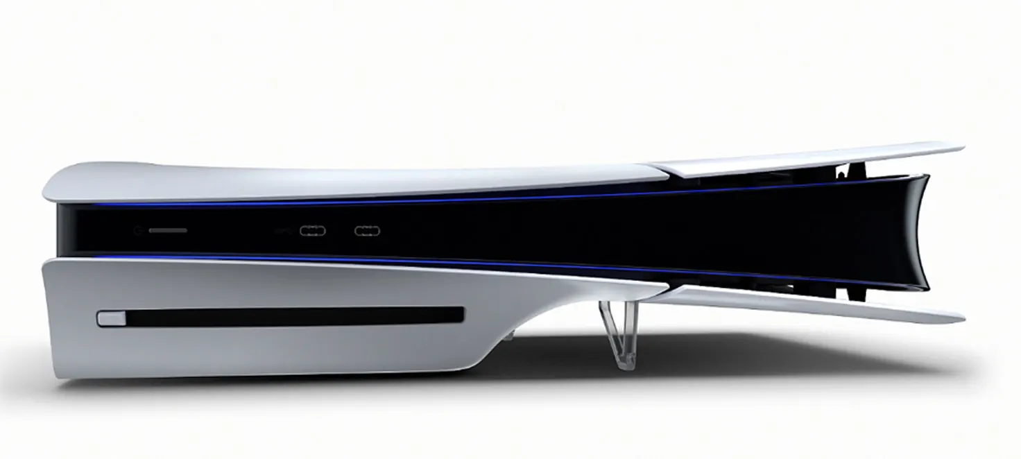 Biało-czarna konsola PlayStation 5 na białym tle. Widoczne porty USB i niebieskie podświetlenie. Konsola stoi pionowo na przezroczystej podstawce.