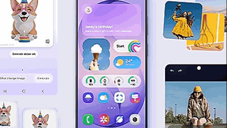 Telefon na środku grafiki, po bokach interfejs telefonu na fioletowym tle.