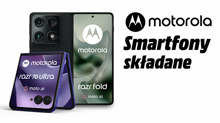 Logo motorola tekst smartfony składane. Po lewej stronie 3 modele smartfonów serii razr.
