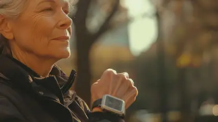 Kobieta w czarnej kurtce spogląda w prawo, na nadgarstku ma zegarek. W tle widać drzewa z jesiennymi liśćmi.