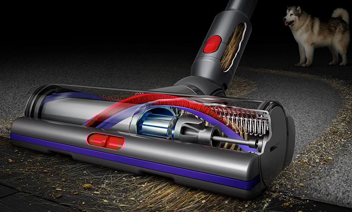 Przekrój poprzeczny odkurzacza na dywanie, w tle pies. Widoczne elementy wewnętrzne: silnik, szczotki, czerwone i niebieskie akcenty.