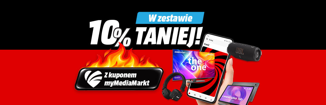 W zestawie 10% taniej! Z kuponem myMediaMarkt. Telefon trzymany w dłoni i produkty wyskakujące z ekranu.
