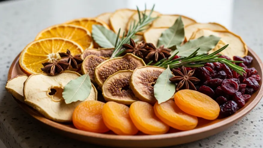 Talerz pełen suszonych owoców i ziół na talerzu.
