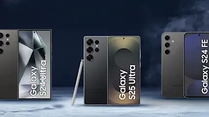 Trzy smartfony z serii Galaxy (S24 Ultra, S25 Ultra, S24 FE) i rysiki na tle ciemnego, teksturowanego tła.