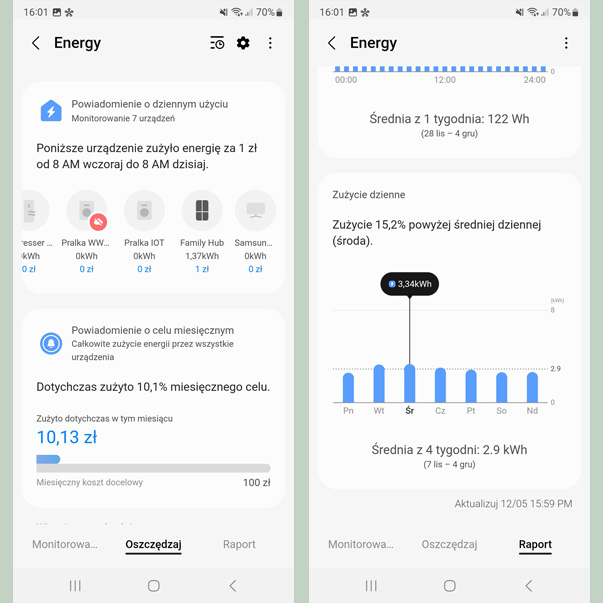 Dwa ekrany telefonu pokazują aplikację do monitorowania energii z wykresami zużycia i kosztów.