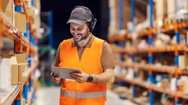 Mężczyzna w kamizelce odblaskowej i słuchawkach trzyma tablet w magazynie z regałami.
