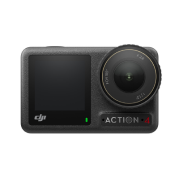 Czarny aparat cyfrowy z obiektywem po prawej stronie i ekranem po lewej, na białym tle.