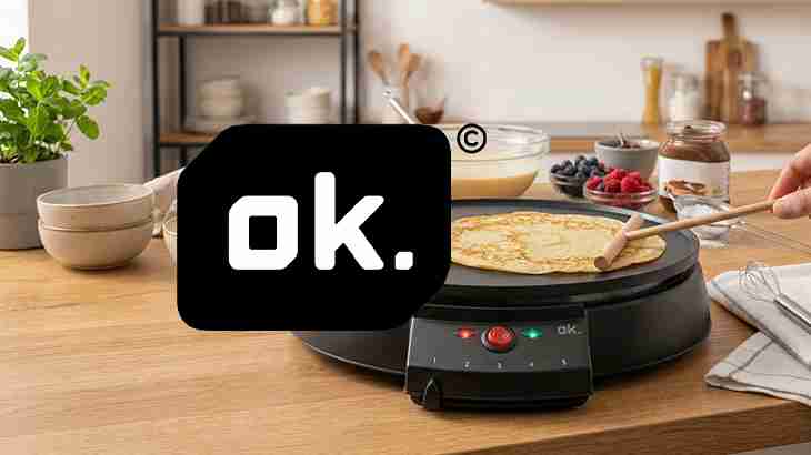 Naleśnikarka na blacie kuchennym, na pierwszym planie logo OK. na czarnym tle.