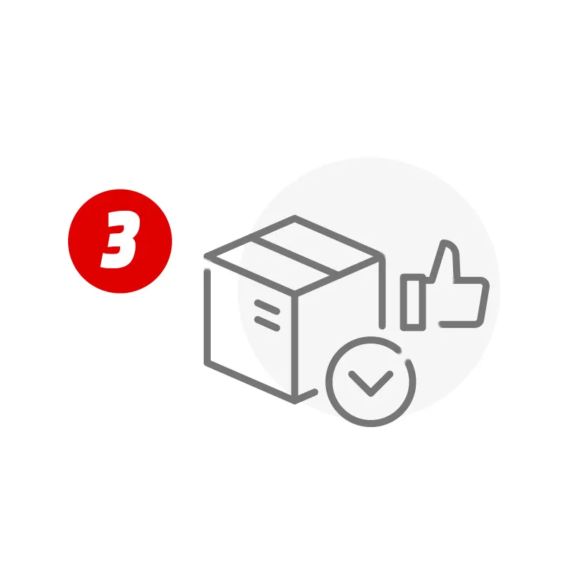 Czerwone koło z cyfrą 3 obok ikony szarego pudełka, kciuka w górę i znaku akceptacji na białym tle.