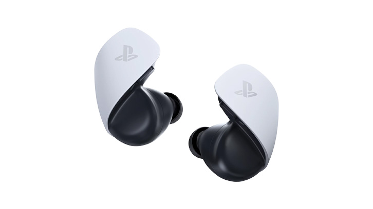 Dwa czarno-białe bezprzewodowe słuchawki douszne z logo PlayStation na białym tle.