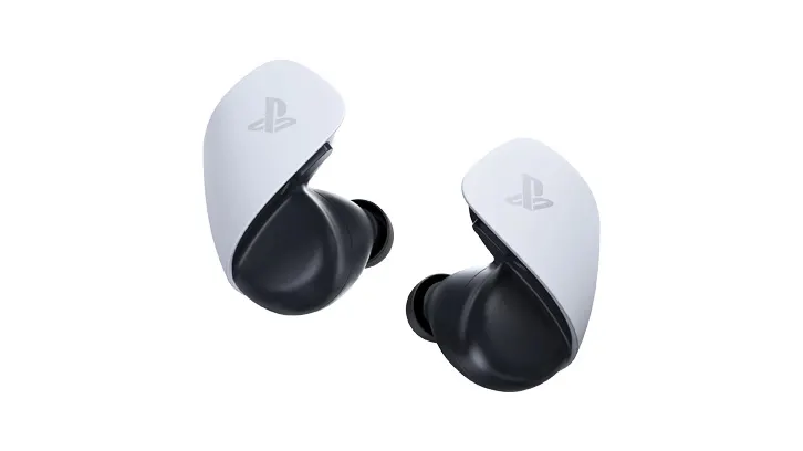 Dwa czarno-białe bezprzewodowe słuchawki douszne z logo PlayStation na białym tle.