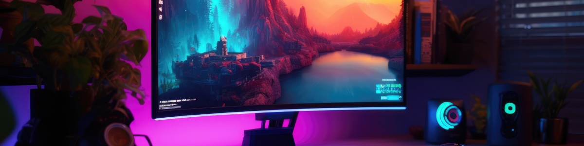 Zakrzywiony monitor z kolorowym tłem, roślina doniczkowa i sprzęt komputerowy na biurku.