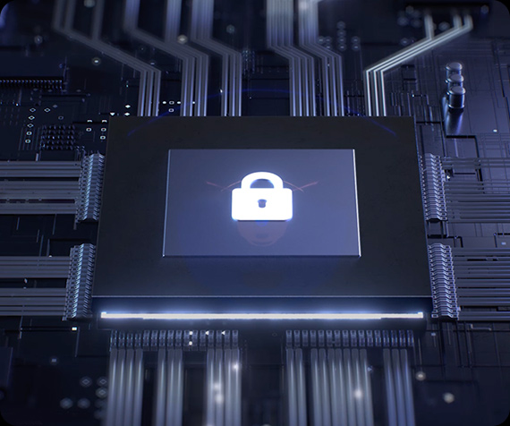 Podświetlony układ scalony na ciemnej płycie głównej; na środku świeci biała ikona kłódki – symbol bezpieczeństwa.