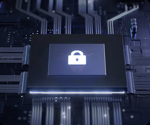 Podświetlony układ scalony na ciemnej płycie głównej; na środku świeci biała ikona kłódki – symbol bezpieczeństwa.