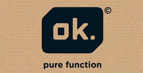 Logo "ok." w ciemnoniebieskim zaokrąglonym kwadracie, napis "pure function" poniżej, na beżowym tle.