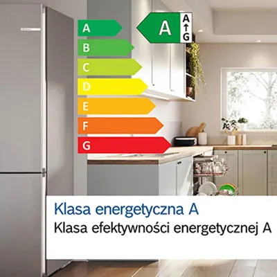 Na obrazie widoczna jest skala efektywności energetycznej od A do G, z klasą A na zielono, na tle kuchni.