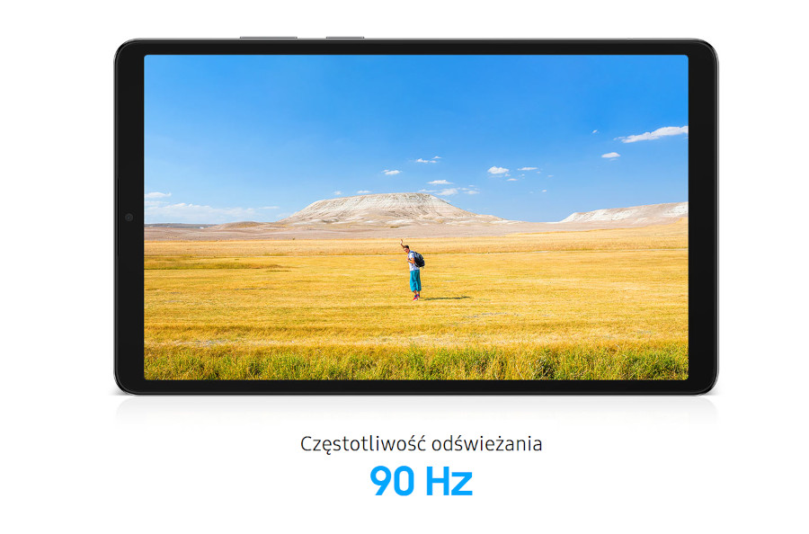 Tablet Galaxy Tab A11 wyświetlający krajobraz z otwartym polem, niebieskim niebem i górami w tle, z opisem "Częstotliwość odświeżania 90 Hz