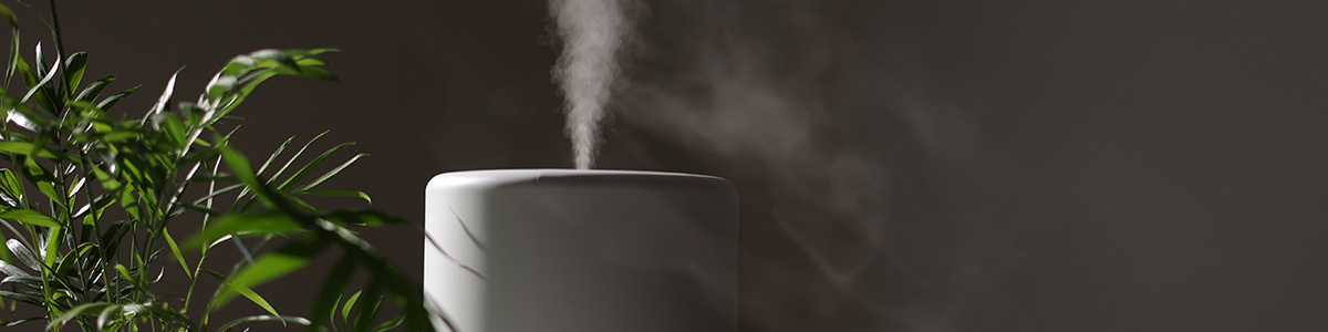 Biały nawilżacz powietrza wydziela parę na tle ciemnej ściany, obok zielona roślina.
