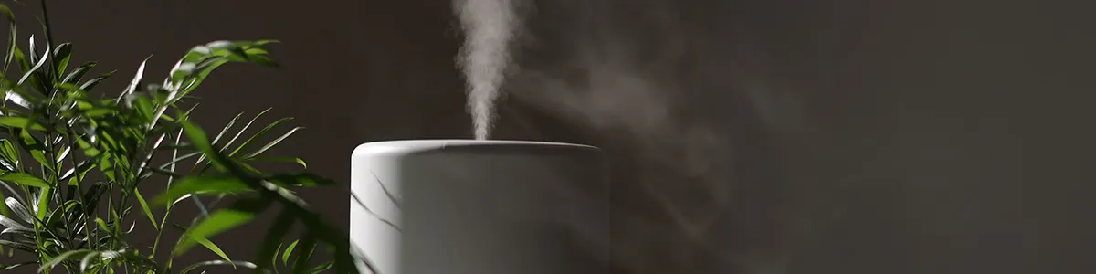 Biały nawilżacz powietrza wydziela parę na tle ciemnej ściany, obok zielona roślina.