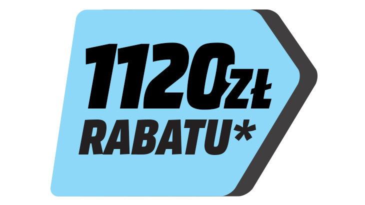 Niebieska etykieta z czerwonym obramowaniem. Na etykiecie napis czarną czcionką: 1120 zł RABATU*.